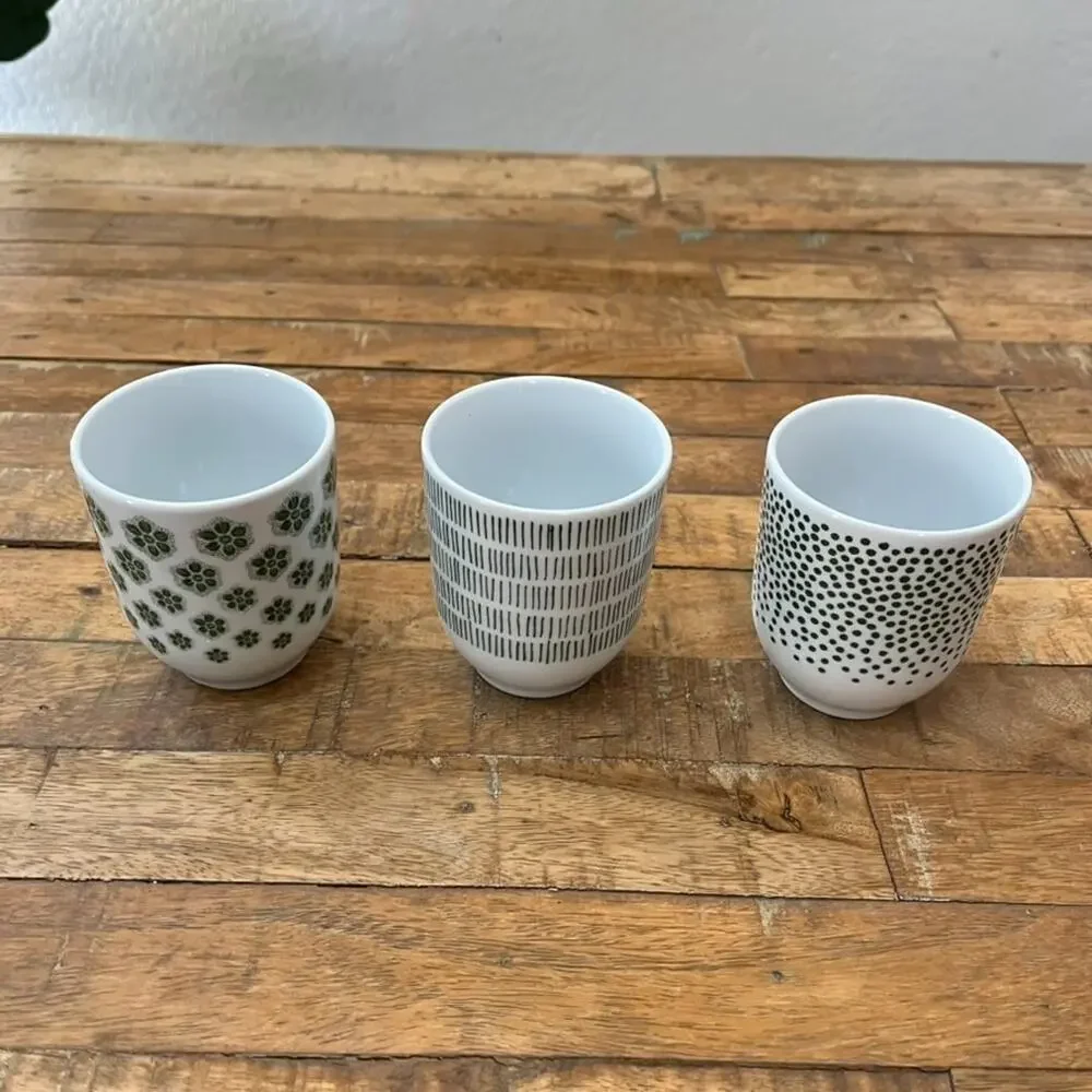 IKEA Entusiasm Set of 3 Tumblers 7 Oz Cups Unique Green & White Patterns